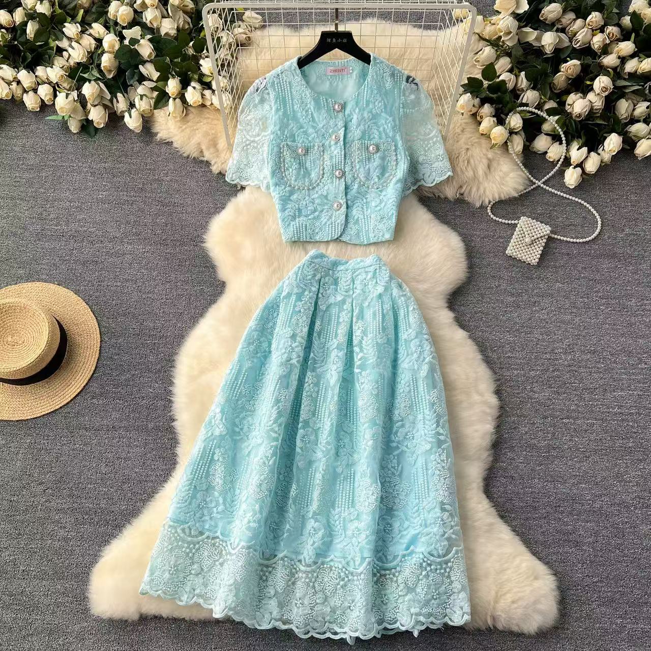 Two Piece Dress Summer Korean Small Fragrance Style Lace Set Two Piece Suit Lace Hook Flower Short Sleeve Shirt Tops Midi Skirt Women's Outfits