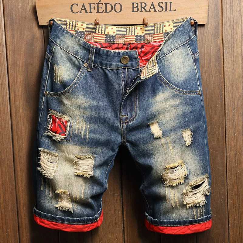 2025 Summer Ripped Denim Shorts Mens Loose Splicing Knee-length Casual Short Jeans Personality Streetwear Hip Hop Male Clothing T250603