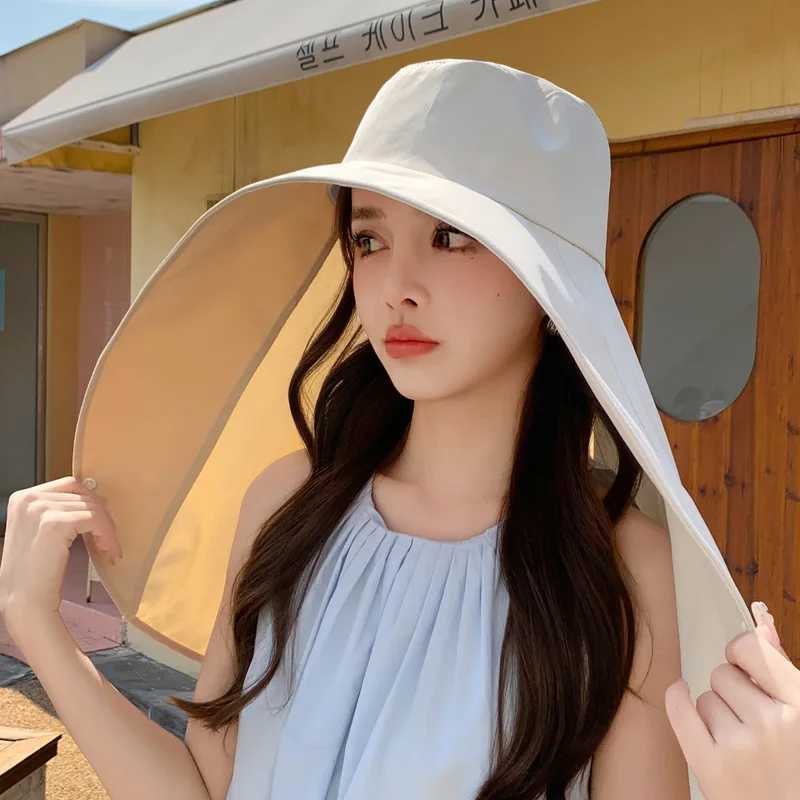 Summer Hats for Women Outdoor UV Anti Neck Protection Sun Visors for Lady Fishing Hiking Wide Brim Shawl Sunscreen Ponytail Cap W250602