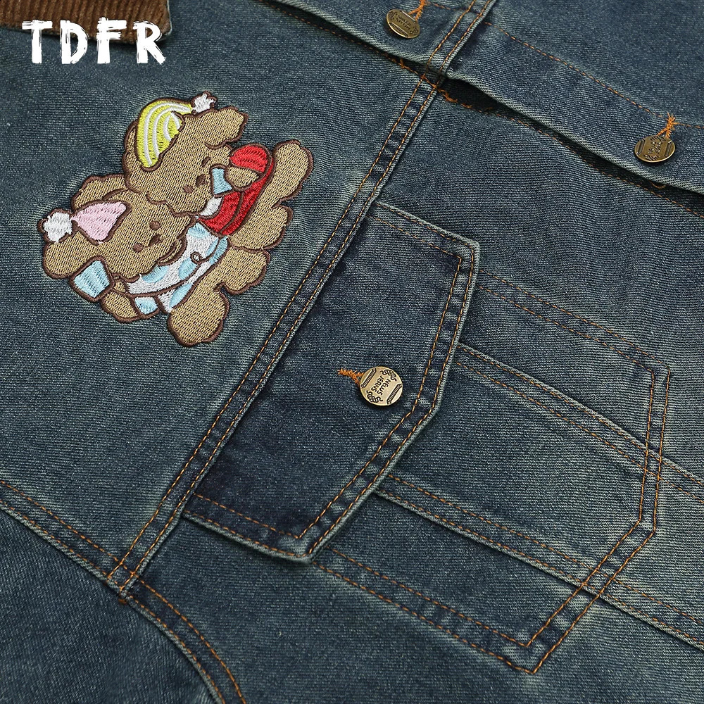 Retro Spliced Denim Jacket Mens Little Bear Embroidery Washed Distressed Streetwear Lapel Single Breasted Long Sleeve Outerwear 250529