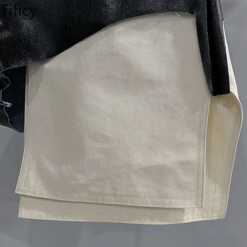 TIFICY Street Women's New High Waisted Zipper Shapewear Denim Coated Flat Corner Pocket Color Blocked Shorts