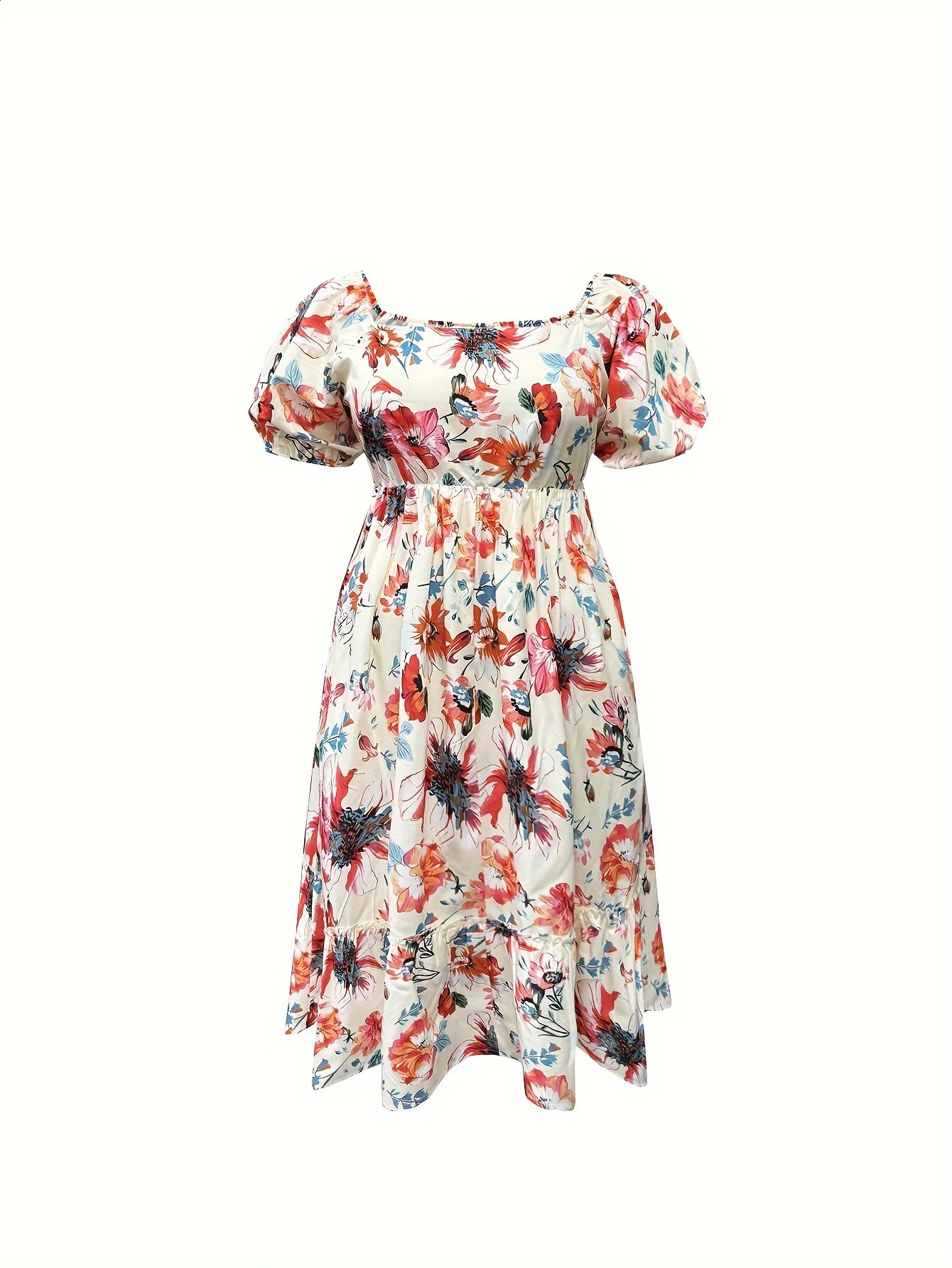 Plus Size Square Collar Fluffy Long Dress Beautiful Bright Flower Print Elegant Temperament Lady Vacation Travel Party Date 250526