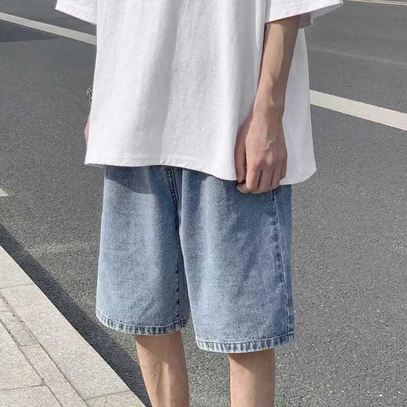 Mens New Loose and Versatile Straight Wide-leg Five-point Ripped Denim Shorts T250603