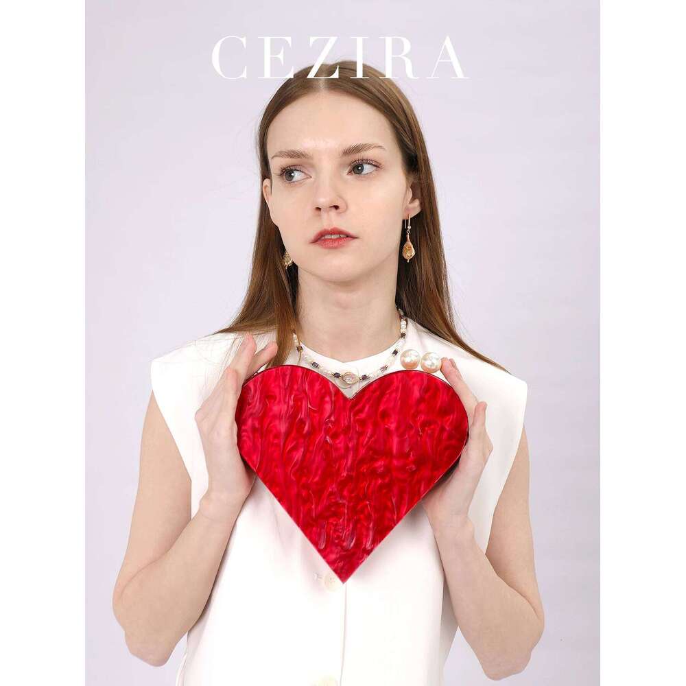 Red Heart CEZIRA Shaped Acrylic Clutch for Women Fashion Cute Pearls Decor Evening Bag Party Purse Valentine's Day Gift