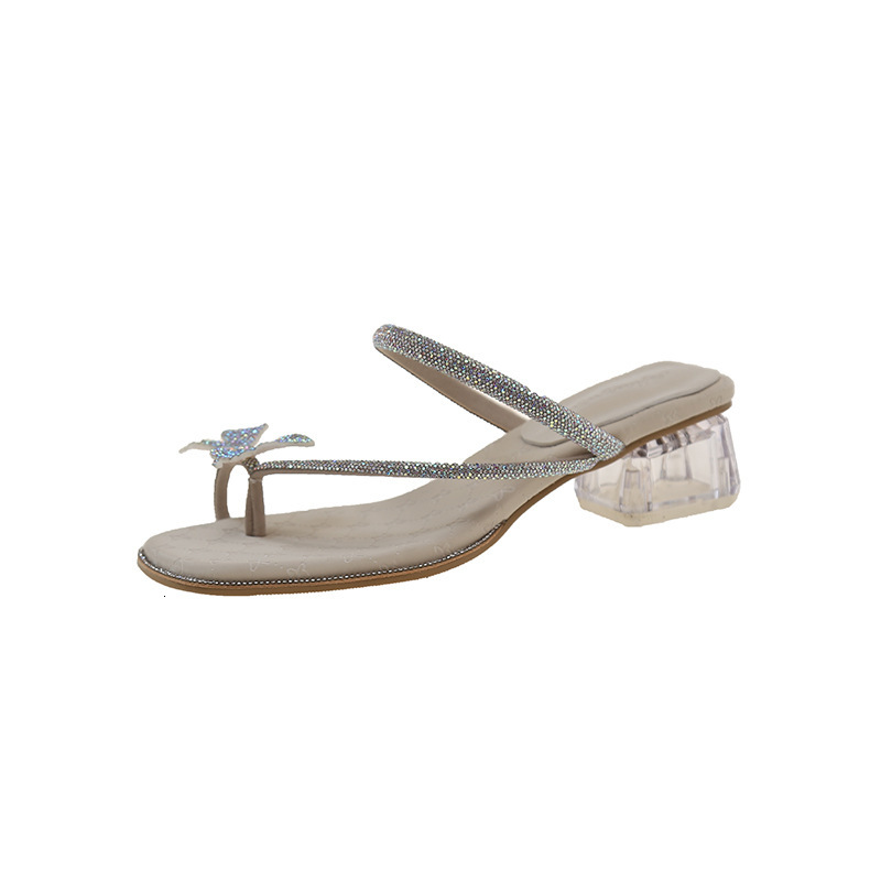Super Soft~ Rhinestone Butterfly One-Strap Post Half Slippers for Women, Outdoor Leather Square Toe Soft Sole Chunky Heel Silver Sandals ddmythur