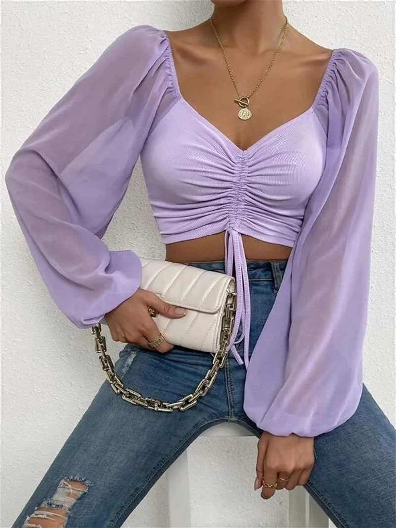 Womens Sweetheart Neck Drawstring Ruched Lantern Sleeve Crop Top Blouse Tight Solid Color Basic Tee 2024 Trend 250521