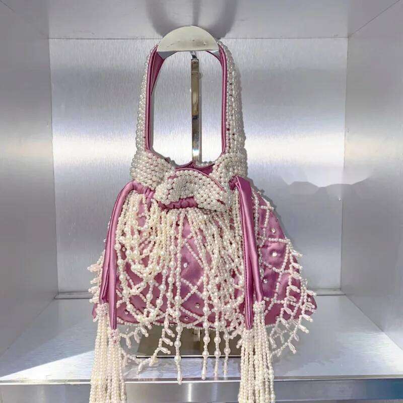 Elegant Women's High Quality Silk Pearl Sweet Bucket Handbag Dumpling Bag Banquet Evening Bags For Ladies