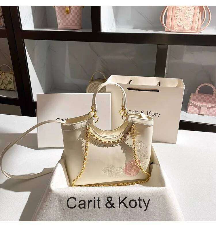 Fashion Metal Chain Casual Tote Embroidery Floral Women Handbag Textured Leather Clutch Purse Shoulder Crossbody Bag