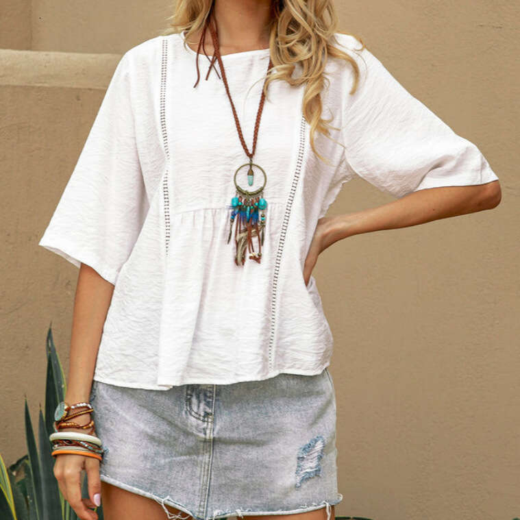 Spring Summer Temu Lace Hollow Out Women's Cotton Linen Casual Solid Color Mid-Sleeve Shirt B5 b6