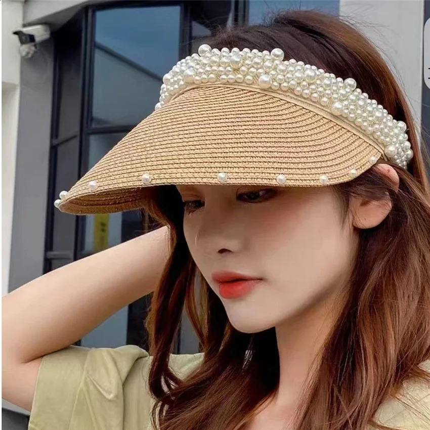 Artificial Pearl Head Decoration Cool Breathable Sun Hat Outdoor Shade Temperament Lady Large Eaves Cap for Women Ty17 250530