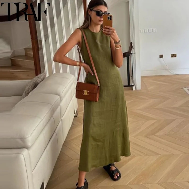 TRAF Green Long Dresses Woman Sleeveless Summer Linen Dress Cut Out Backless Midi Dress Elegant Womens Dresses 088 250529