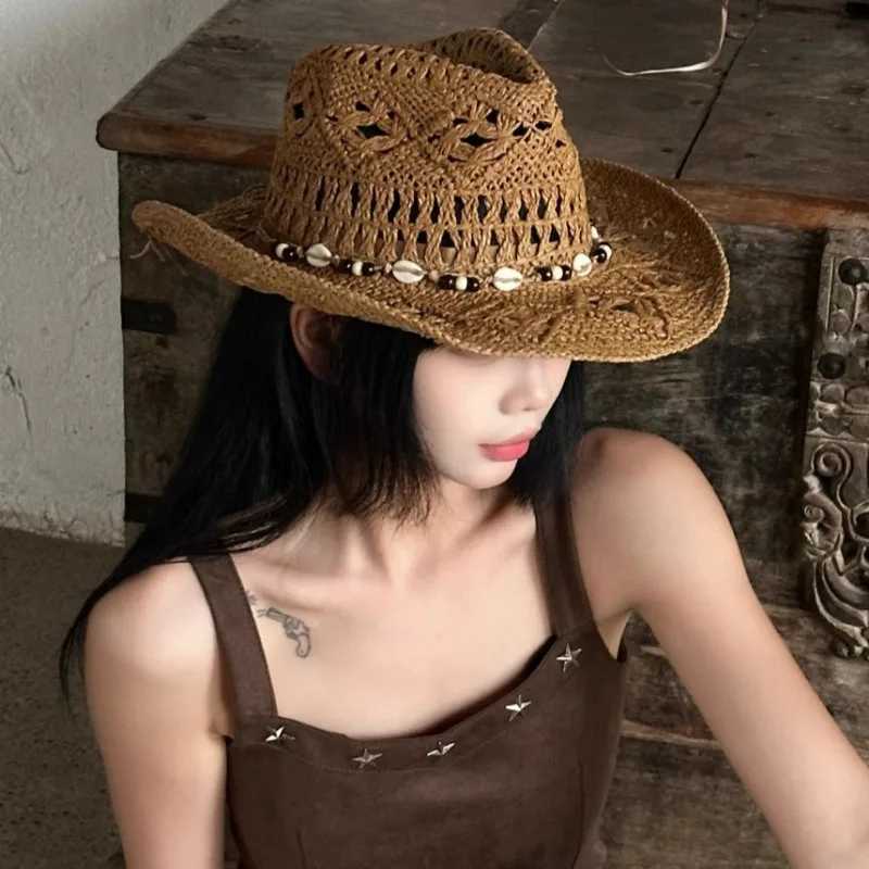 Summer with Shell Beach Hat Women Western Cowboy Hat Wide Brim Sunscreen Sun Hats for Outdoor Breathable Hand-Woven Straw Panama W250602