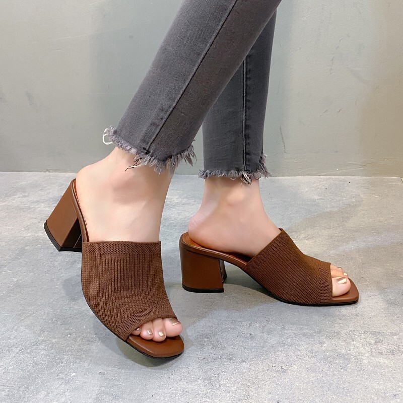 designer 2025 European and American New Fashion Women's Shoes Fashion One-Strap Thick Heel Knitted Wool High Heel Square Toe Sandals