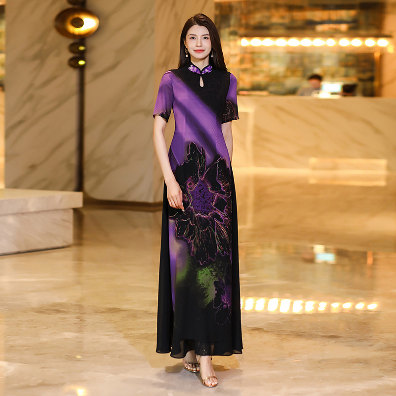 Traditional Floral Patterned Silk-Chiffon Dress for Ladies Casual Elegant Style