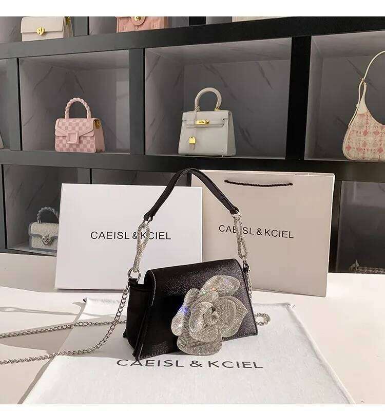 Fashion Satin Women Handbag Glitter Shiny Rhinestones Dia Floral Evening Wedding Party Clutch Purse Shoulder Bag