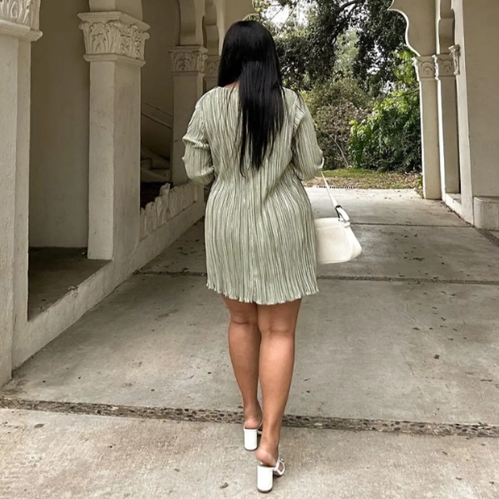 CMYAYA Long Sleeve Women Vneck Pleated Dress Casual Streetwear Plus Size Mini Dresses 2024 Autumn Slim Party 250526