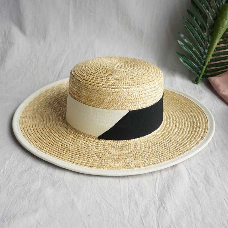 Retro Style Straw Hat Wide Brim Sun Hat Women Summer Boater Hats with Black White Ribbon Band Flat Top Church Derby Travel Hat W250602