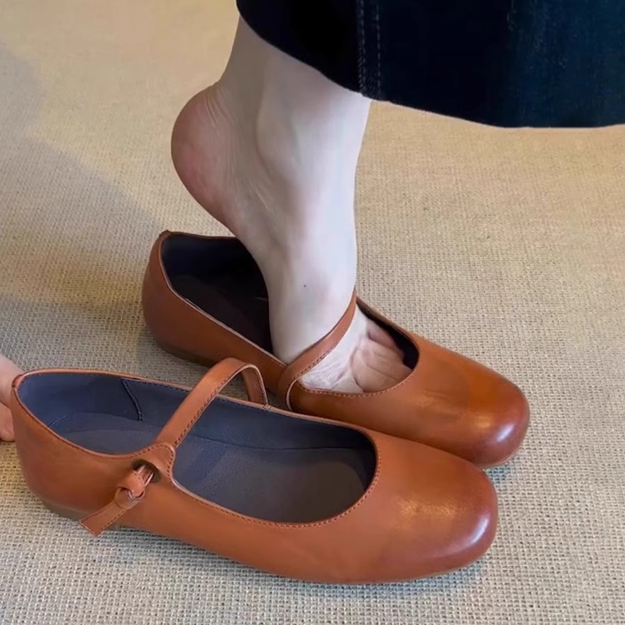 Retro loafers womens ballet flats heel Mary Jane shoes brown black minimalist French round toe single strap Daily Versatile summer slip-on women shoes