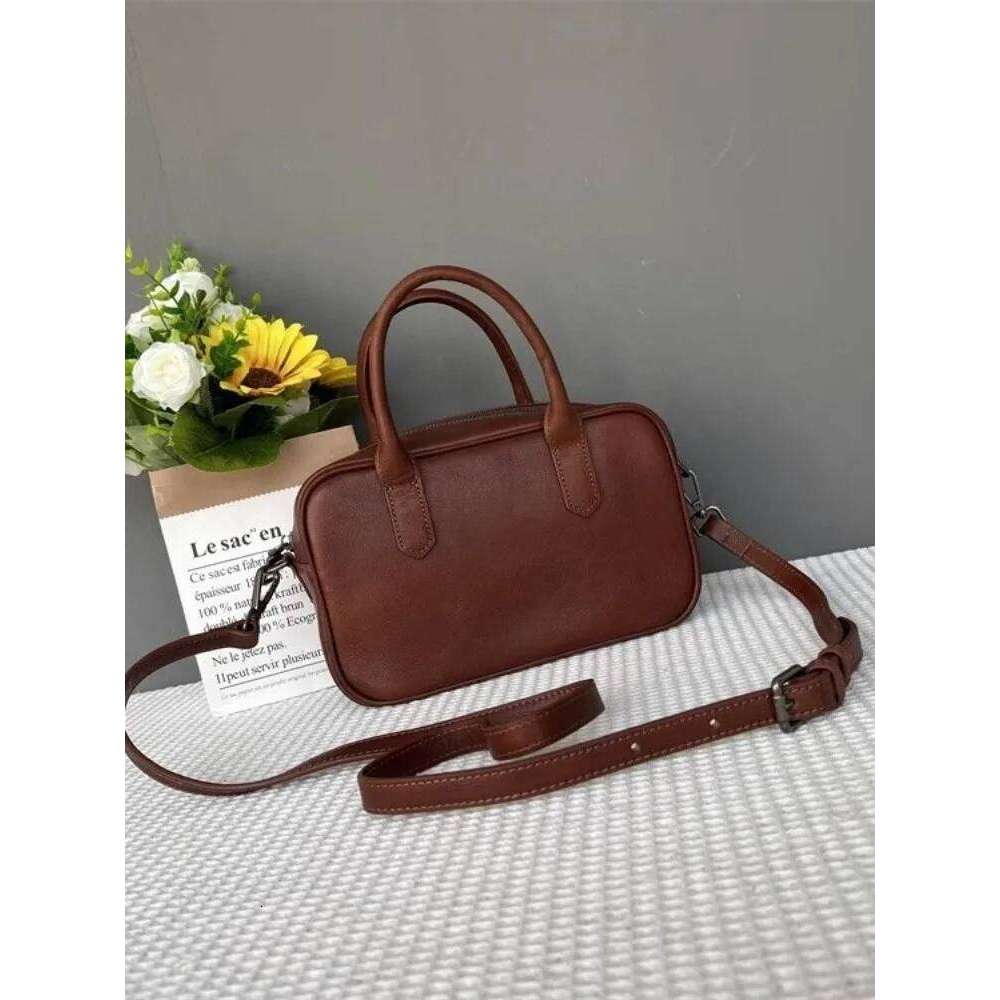 Solid Color Vintage Casual Boston Women Tote Handbag Cowskin Genuine Leather Single Shoulder Female Zipper Messenger Bag