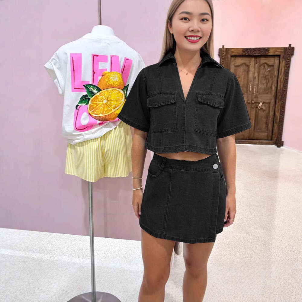 Workwear Denim Suit Skirt Pants V-Neck Short Sleeve Top Summer Women Hot Girl High Waist Irregular B5
