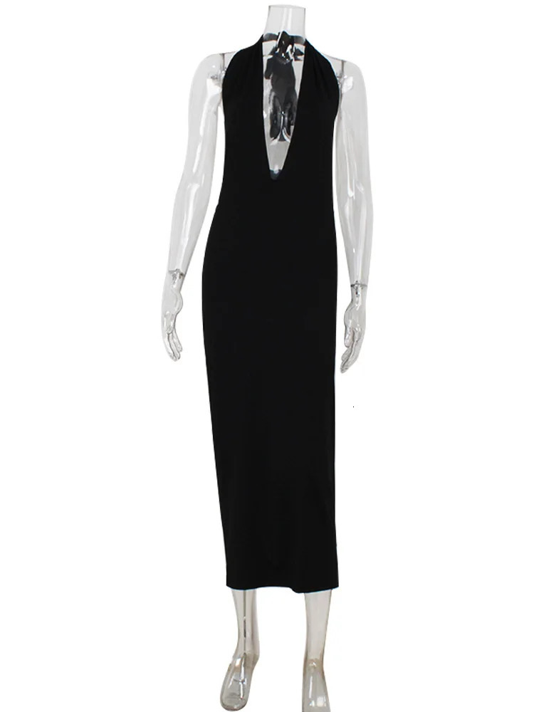 Ahagaga Fashion Halter Womens Maxi Dresses Solid Deep V-Neck Sleeveless Blackless Bandage Sheath Bodycon Party Vestidos Robes 250603