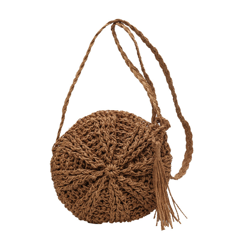 designer 2025 New Simple Round Tassel Crossbody Straw Woven Bag for Women Handmade Summer Beach Vacation Shoulder Bag