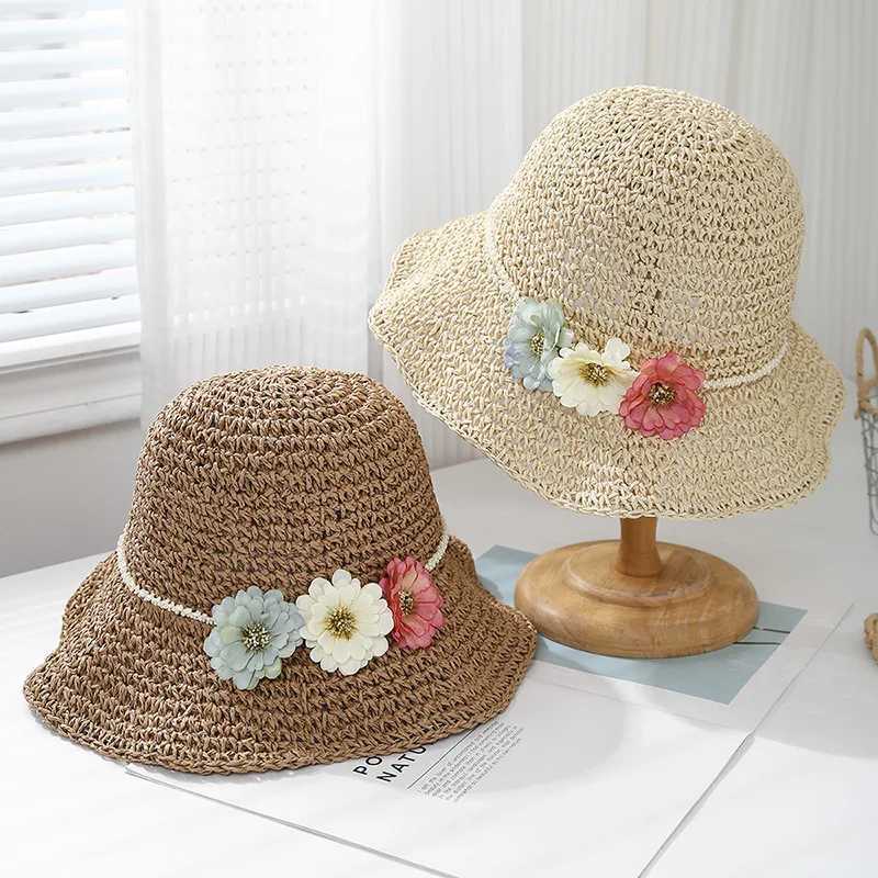 Summer Hats For Women Handmade Beads Chain Flower Straw Sun Hat Lady Big Brim Sunscreen Holiday Beach Accessories Foldable New W250602