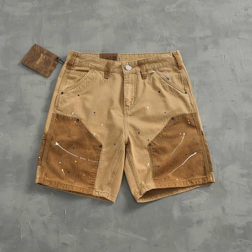Personality spray paint to do old cargo shorts mens American casual color patchwork fishbone nail loose straight mid-leg pants T250603