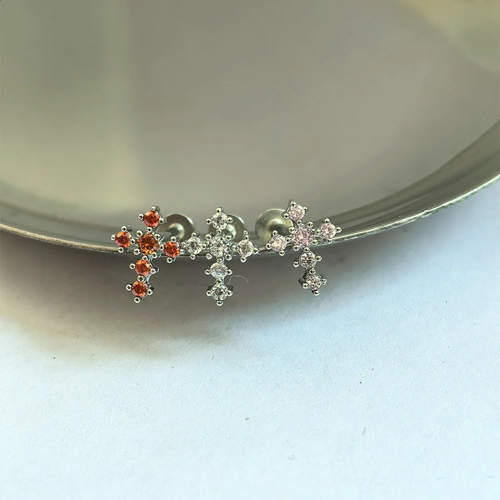 1pc Shiny Zircon Cross Lip Stud Stainless Steel Punk Cool Style Labret Piercing Silver Color Ear Accessories Ins Fashion Jewelry 250530