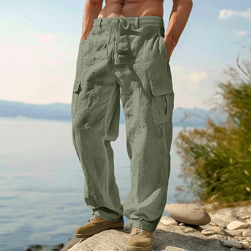 Multi Pockets Patchwork Mens Cargo Pants Summer Trendy Solid Color Loose Linen Trousers Men Vacation Beach Casual Trousers 250528