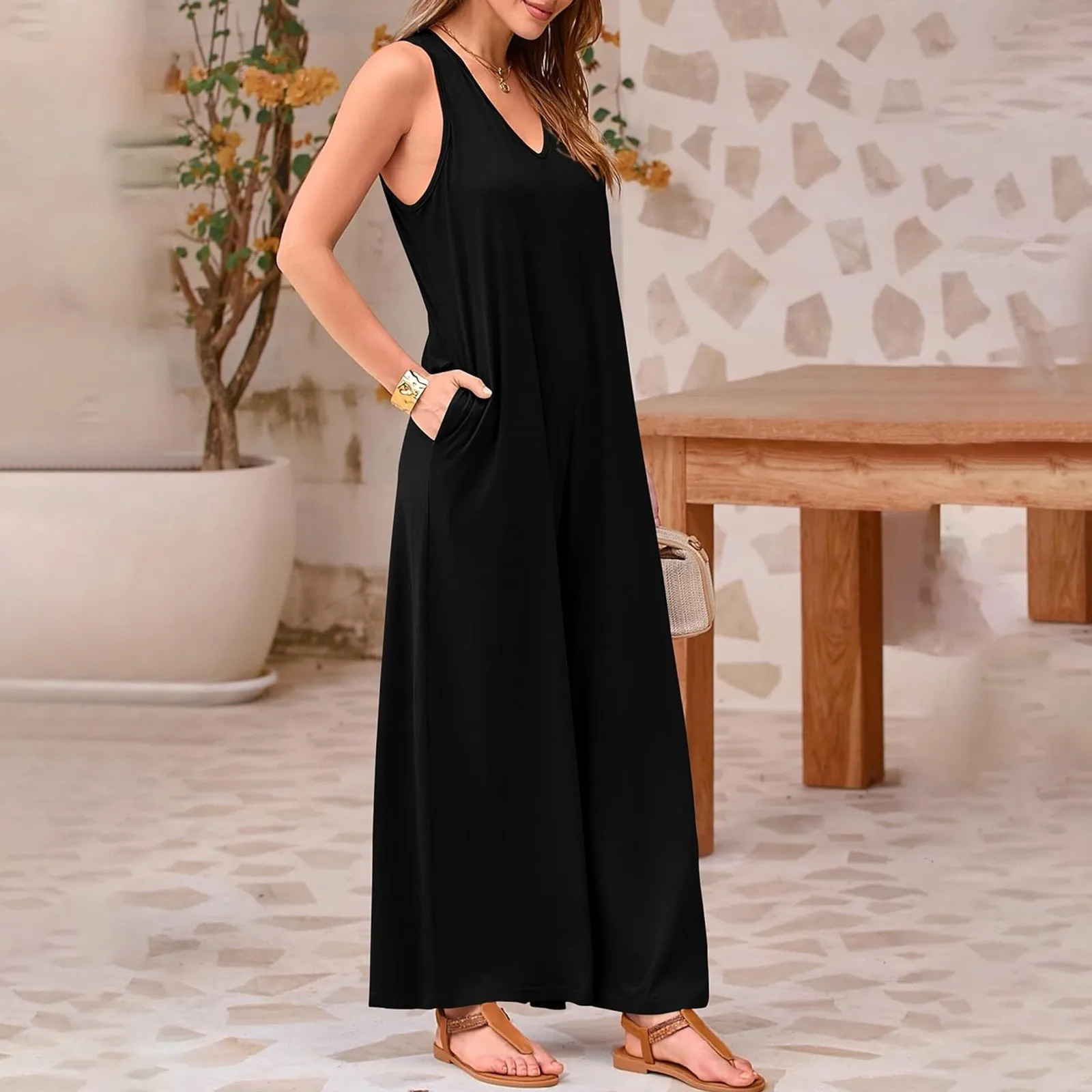 Women Strap Loose Jumpsuit Romper Boat Neck Sleeveless Playsuits Wide-Leg Trousers Solid Dungaree Bib Overalls 250603