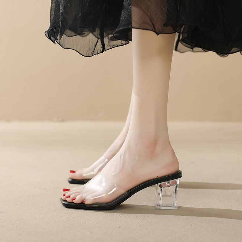 Outdoor Summer New Thick High Heels Crystal Open Toe Transparent Heel Women's Sandals One-Word Slippers Women ddmythur