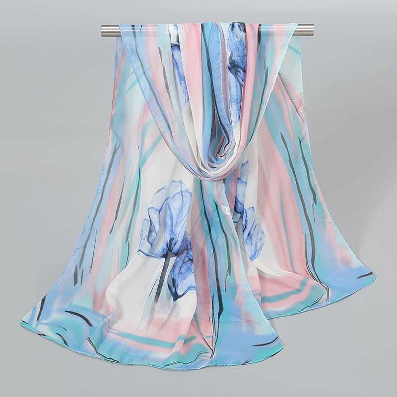 150*50cm Floral Printed Scarf Women Thin Light Chiffon Shawl Breathable Beach Towel Luxury Foulard Silk Feeling Hair Wrap Pareos W250602