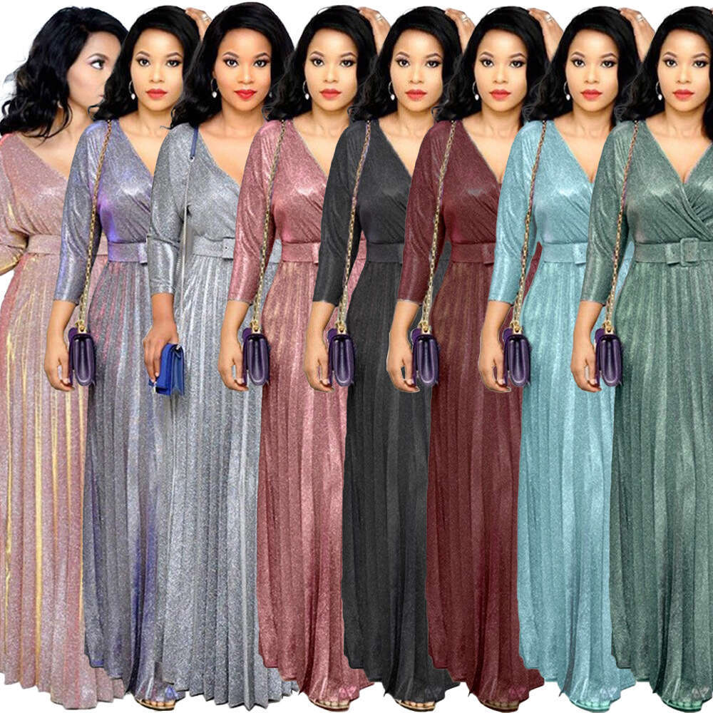 Winter European, American, African women's fashion long sleeved, gilded, pleated skirt with waist belt, shiny pink fabric, 2025 new style, chic a