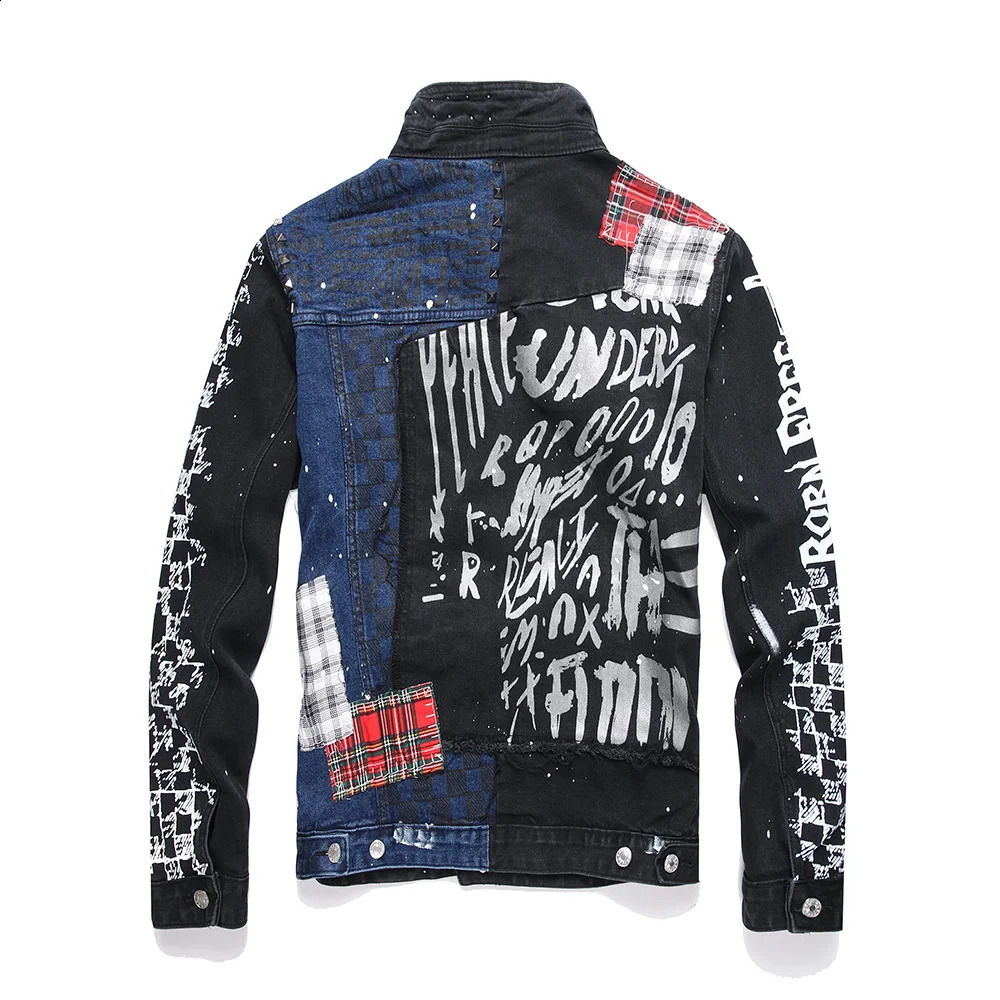 Men Punk Rivet Check Print Denim Jacket Holes Ripped Plaid Patches Patchwork Jean Coat Painted Blue Black Spliced Outerwear 250529