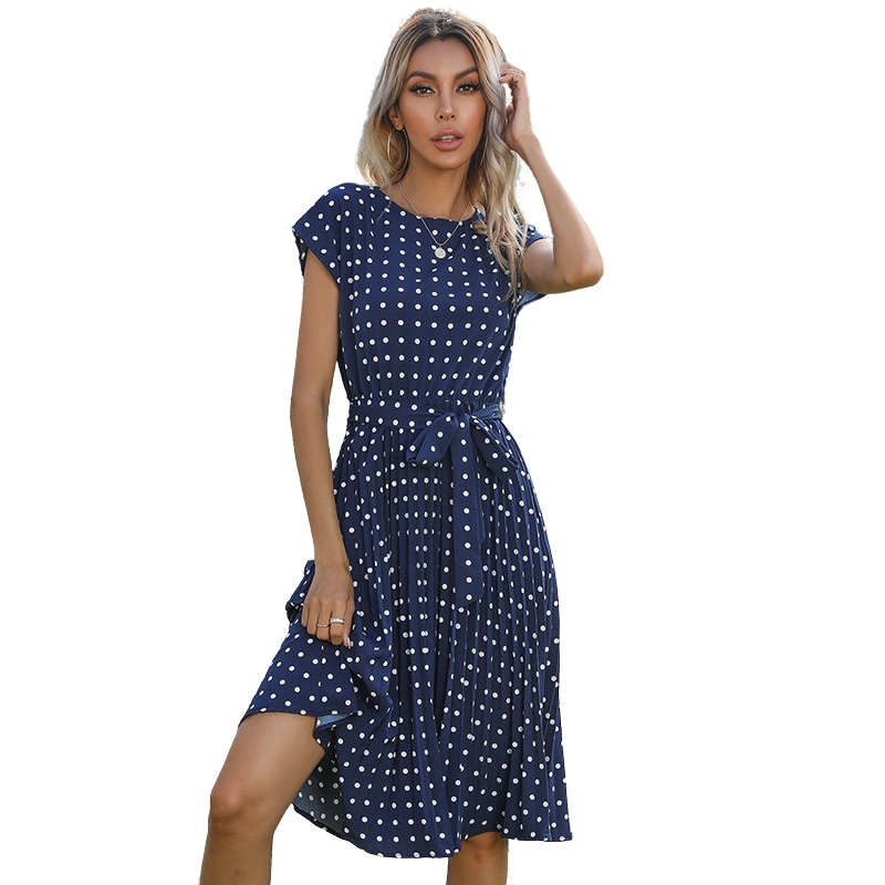 New summer hot-selling European and American medium and long dresses retro elegant short-sleeved polka dot pleated dresses