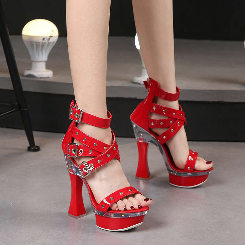 Super High Heels Rivet Back Zipper Roman Sandals Transparent High 14Cm Chunky Heel Summer Waterproof Platform Platform High Heels