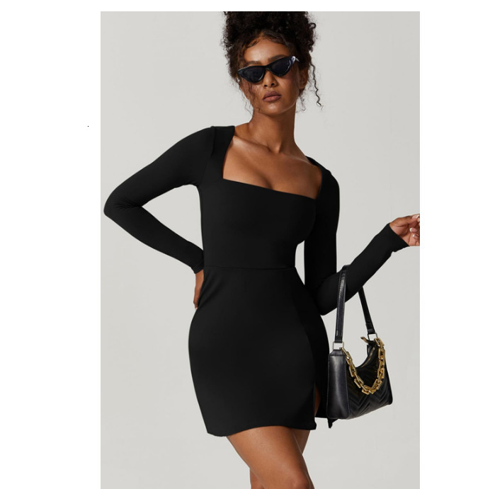 women's wear S32199 Women's Square Neck Tight Corset Long Sleeve Slit Flared Mini Dress