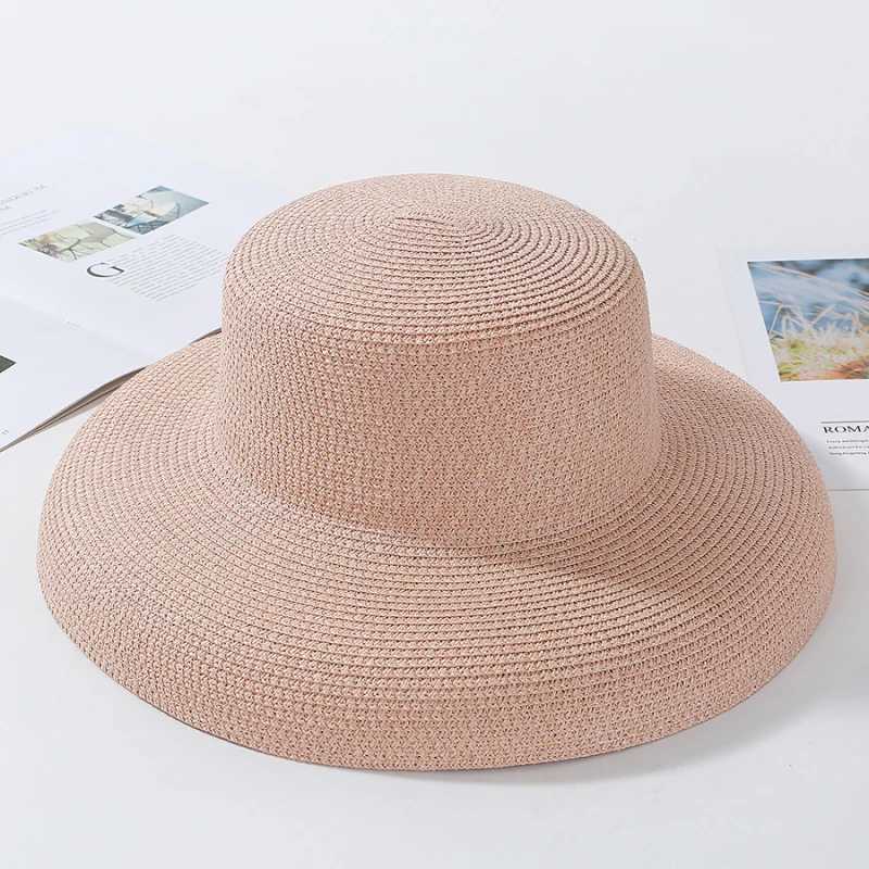 HT2303 2023 New Summer Sun Hats Ladies Solid Plain Elegant Wide Brim Hat Female Round Top Panama Floppy Straw Beach Hat Women W250602