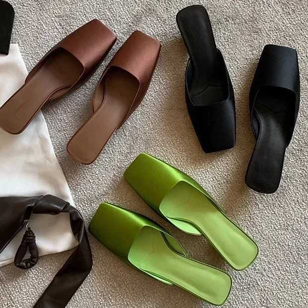 Satin Sandals Women Summer Sexy Square Head Strange Low Heel Slide Sandals Chunky Heel Elegant Design Mule Slippers Women M250603