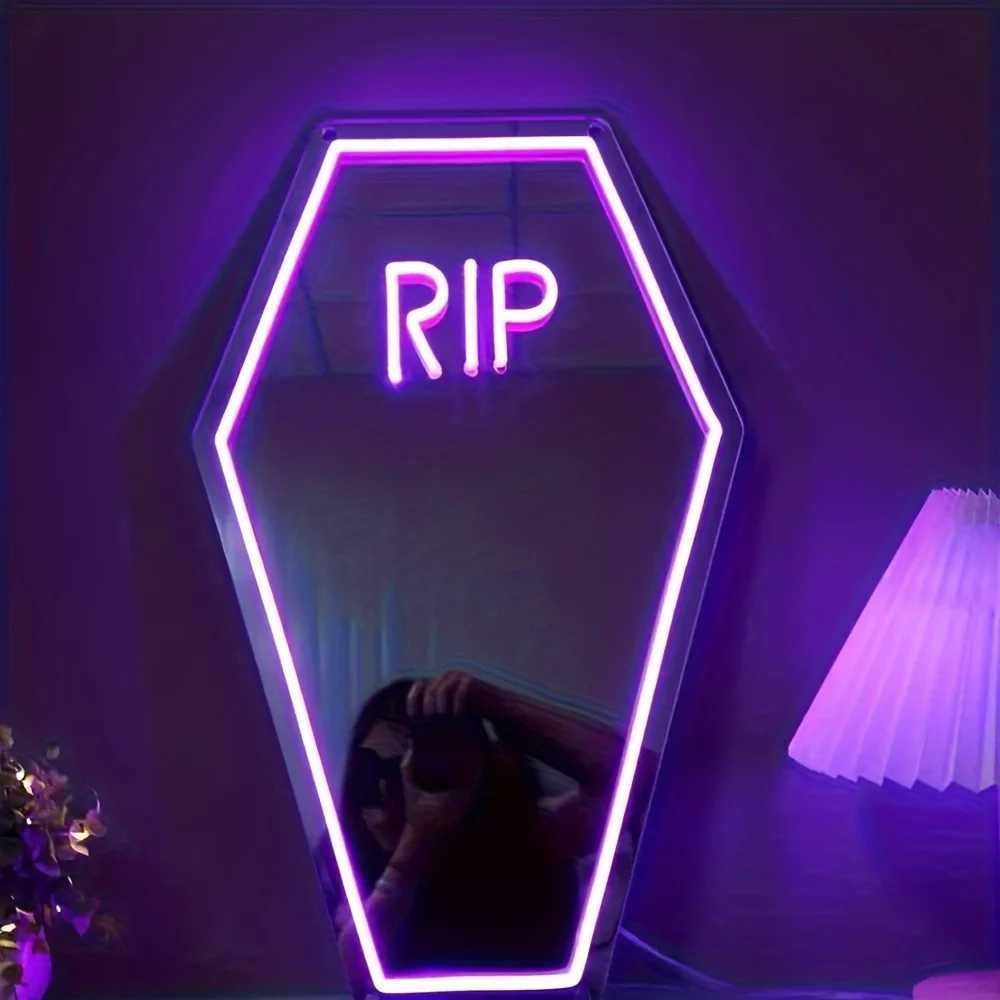RIP Coffin Shaped Neon Sign Mirror - Gothic Home Decor USB Powered Wall Hanging with Switch Control Plastic Material Multipurpose XJ250602