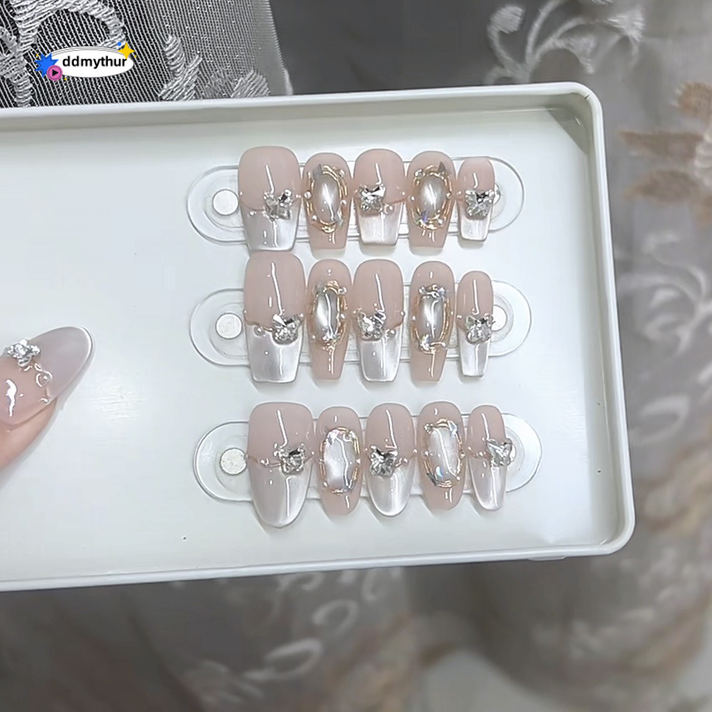 Nai Zi Pure Handmade UV Gel Wearable Nails Amber Stone High-end Cat's Eye Finished Reusable Nail Stickers ddmythur