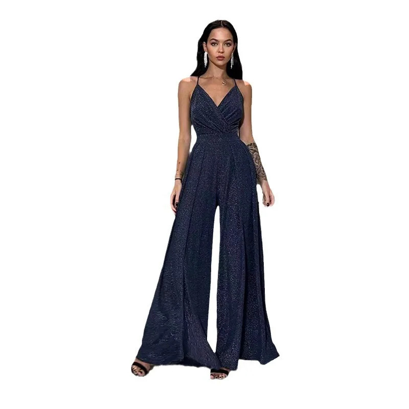 Spring Summer Womens Clothing Sleeveless V-neck Brace Backless Wide Leg One-Piece Trousers Sexy Pants 250603