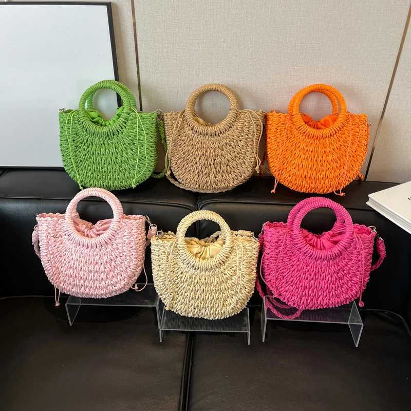 Orange Str Bag Women Rattan Hand-Woven Handbag Small Half Moon Design Shoulder Crossbody Bag Lady Fashion Beach Bag Y250603