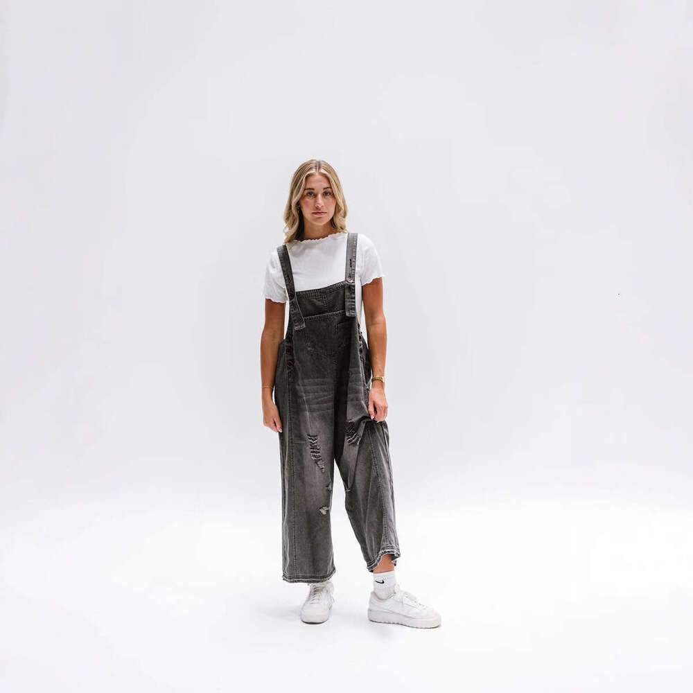 Fashion Vintage Distressed Loose Wide-Leg Comfortable Casual Strap Denim Overalls For Women B5