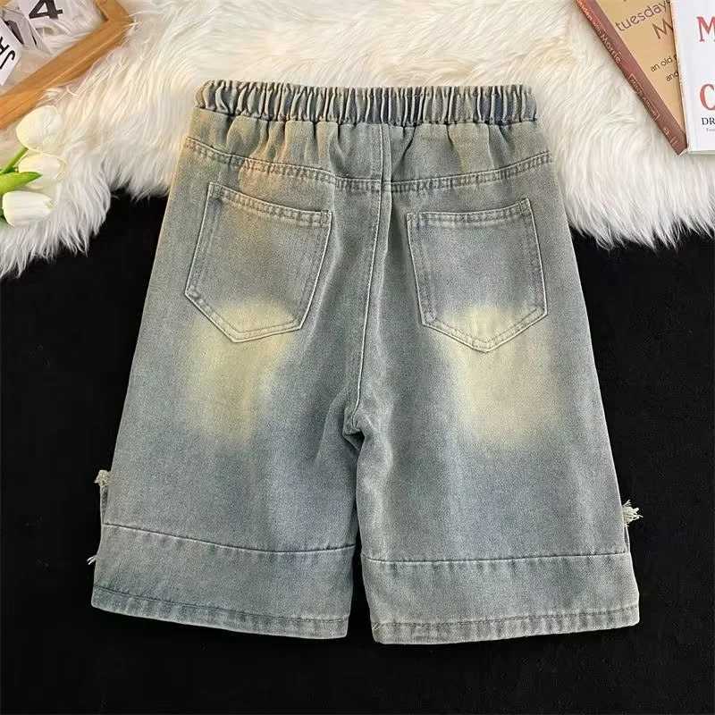 American Retro Washed Distressed Denim Shorts For Men Hip Hop Letter Printed Baggy Jorts Summer Spliced Y2K Streetwear Bermuda T250603