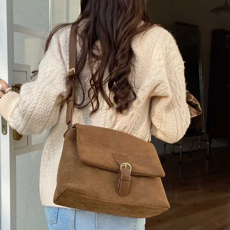 Retro Faux Suede Womens Shoulder Bag Portable Simple Ladies Large Tote Messenger Bags Solid Color Purse Female Book Handbags W250602