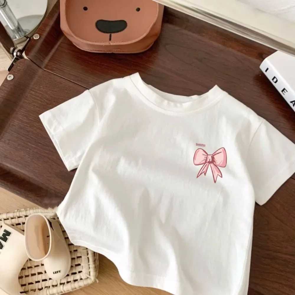 Bear Leader Childrens Clothing Summer Smiling White T-shirt Cartoon Girl Avatar Bow Print Round Neck Short Sleeve Girl Top T250603