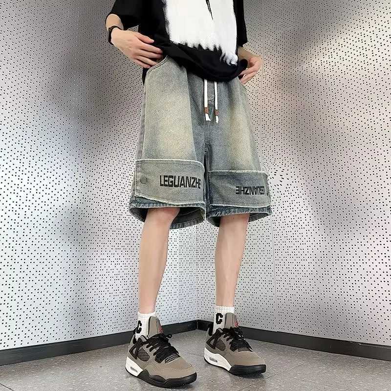 American Retro Washed Distressed Denim Shorts For Men Hip Hop Letter Printed Baggy Jorts Summer Spliced Y2K Streetwear Bermuda T250603