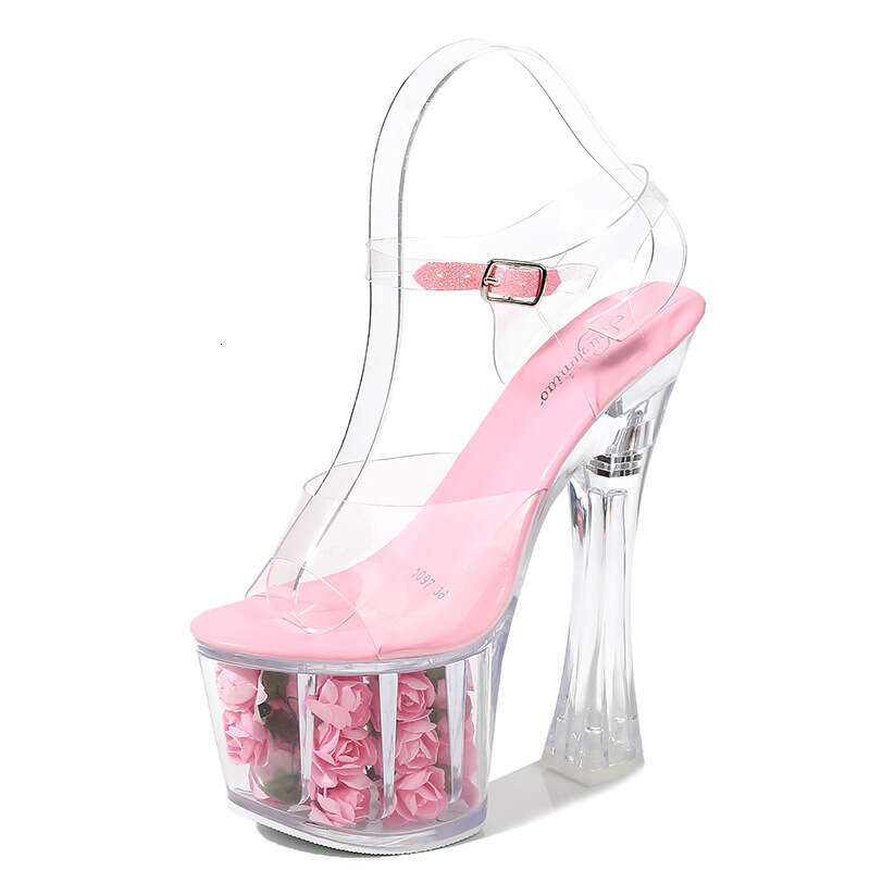 Super High Heels New Style Rose Flower Super High Heels Chunky Heel Sexy Waterproof Platform Sandals Transparent Crystal Wedding Shoes Platform High H